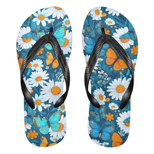 ALAZA Beautiful Butterflies White Daisies Flip Flops for Women Fashion Beach Slippers Comfort Mens Flip Flops Non-Slip Rubber Shower Slippers Sandal for Hotel Travel Sport,XS