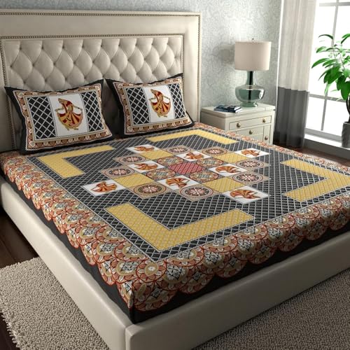 Image of La Verne 104 TC Cotton Double Bed Bedsheet Jaipuri Rajasthani Print Bedsheet with 2 Pillow Covers