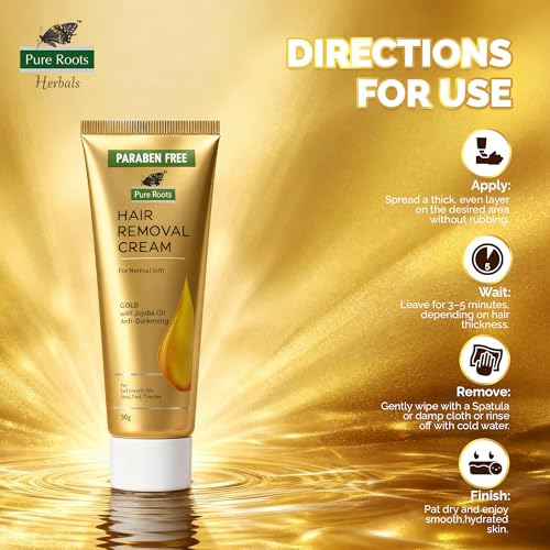 Image of Pure Roots Gold Hair Removal Cream 50g (Pack of 3) Gentle formula Enriched with Jojoba Oil, Painless, Easy and Effective Hair Removal Cream for Women and Men - 150g