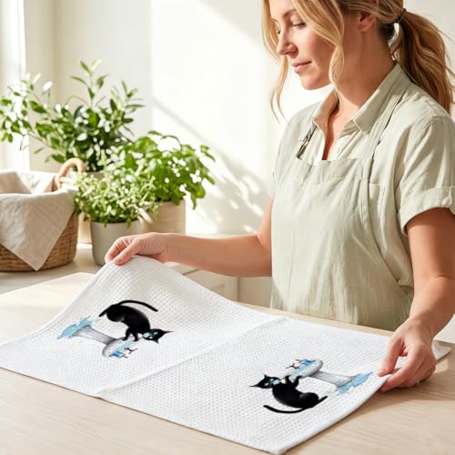Image of Hanamiya Na 4 Pcs Funny Cat Hand Towel for Bathroom 24x14 Inch, Funny Absorbent Microfiber Dish Cloth Towel, Waffle Weave Hand Towels for Toilet Home Cats Bathroom Decor, Cat Lover Gifts
