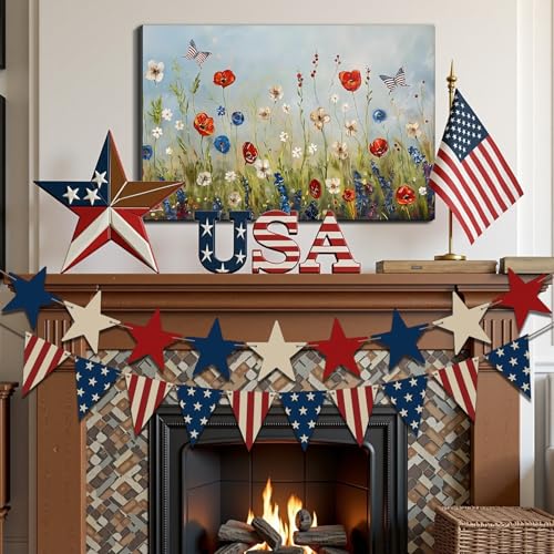 Image of Framed American Flag Butterfly Wildflower Wall Art, Patriotic Floral Canvas Art Pictures, USA Flag Wall Decor, Made in USA Ready to Hang for Living Room Bedroom
