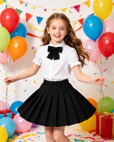 Image of Betusline Girls Skirt Set JK School Uniform 2-Piece Outfit - Short Sleeve Shirt with Bow & Pleated Skirt 4T-14Y