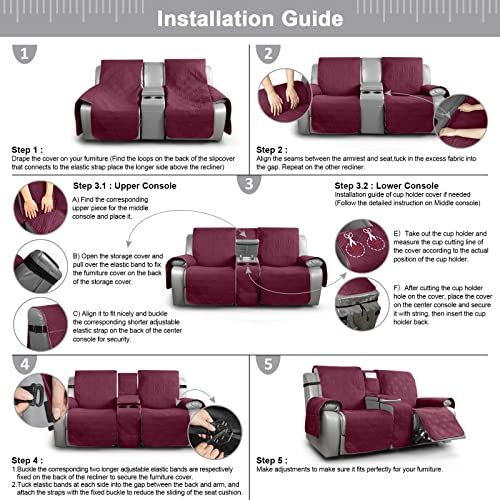 Image of TAOCOCO Polyester Loveseat Recliner Cover With Center Console, Waterproof Pet Protector for Dual Reclining Furniture, Split Design With Straps (2 Seater, Wine)