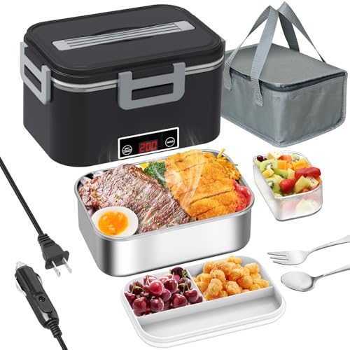 Electric Lunch Box Food Heater for Adults, 80W Heated Lunch Box with Digital Temperature Display,12V/24V/110V 1.8L Stainless Steel & 1L PP Fruit Container Portable Food Warmer LunchBox for Car/Work