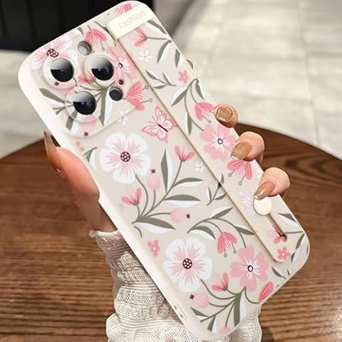 MOWIME Floral for iPhone 14 Pro Max Case with Wrist Strap, Flower Butterfly Design Shockproof Soft TPU Protective Case Women Girls, Slim Anti Scratch Case for iPhone 14 Pro Max 6.7 Inch, White Cover