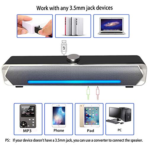 Soundbar, PHISSION USB Powered Wired Computer Speakers with LED Light for Computer Smartphone Desktop Laptop PC, 3.5mm Aux Input (New) Soundbar, PHISSION USB Powered Wired Computer Speakers with LED Light for Computer Smartphone Desktop Laptop PC, 3.5mm Aux Input (New)