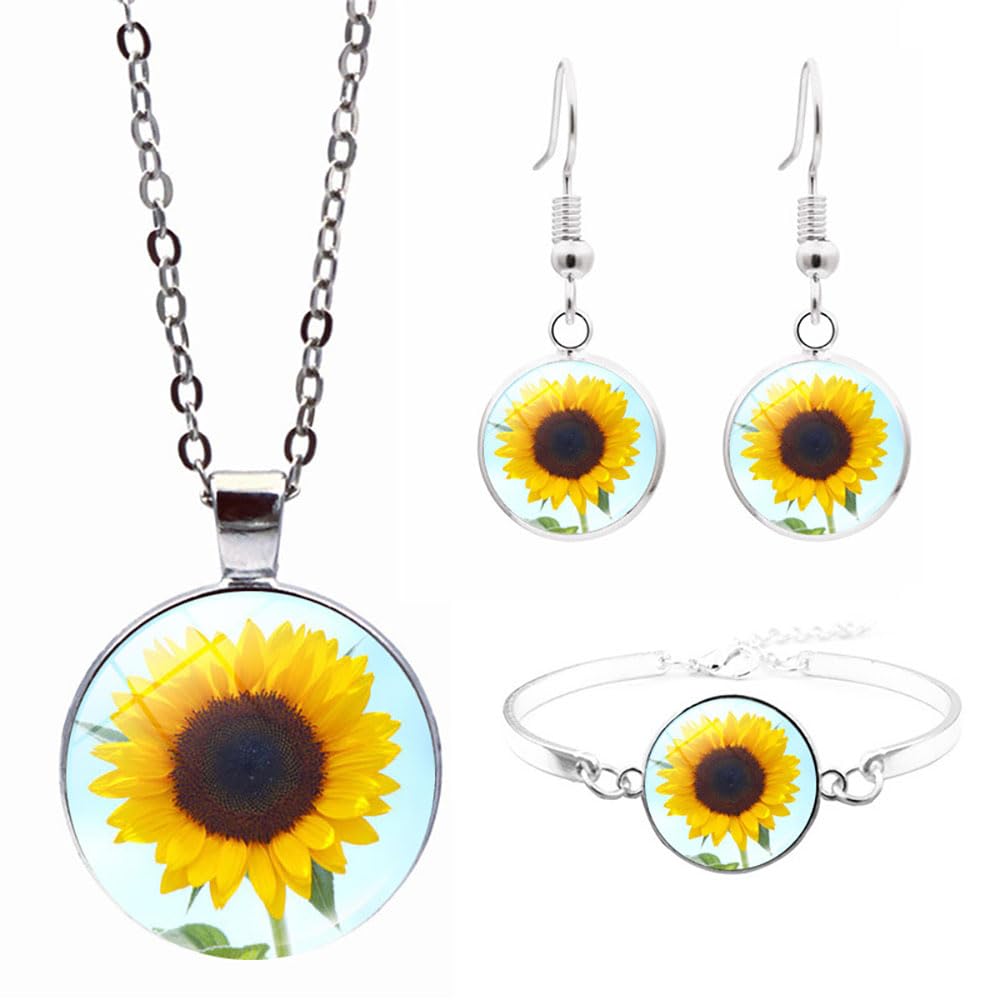 PONCTUEL ESCARGOT Yellow Sunflower Pendant Necklace Earrings Bracelet Inspirational Sunflower Necklace for Women Charm Sunflower Drop Earrings Spring Flower Jewelry Set