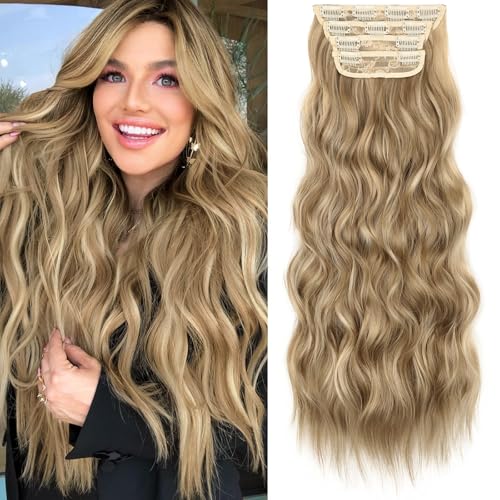 Image of KooKaStyle Wavy Clip in Hair Extensions 24 inch Light Brown mix Golden Blonde | 4 Pieces Clip in Extensions,Fiber Double Weft Hairpieces,Natural Volume,Beach Wave Long Synthetic Hairpieces for Women