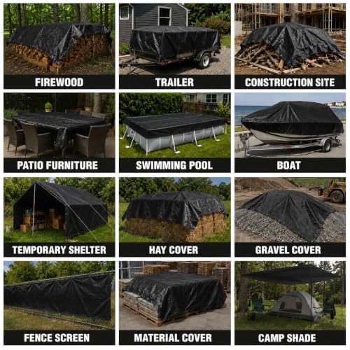 Image of Tarkka 18x15ft Black Tarpaulin Sheet, 120 GSM Virgin Waterproof Tirpal /Tadpatri Cover with Reinforced Eyelets & UV Protection for Home, Farm & Truck, 2 Sheets