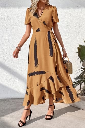 Image of PRETTYGARDEN Women's Summer Wrap Maxi Dress Casual Boho Floral V Neck Short Sleeve Ruffle Hem Split Beach Long Dresses