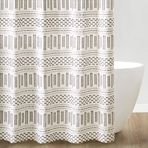 Image of Ink+Ivy Rhea 100% Cotton Shower Curtain, Geometric Print with Clipped Jacquard Texture Details, Mid Century Modern Boho Design Bathroom Decor, Machine Washable, 72 inch x 72 inch Ivory /Charcoal
