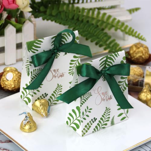 Lxoraziy 50pcs Cajitas Regalo con Cinta Verde, Motivo Hoja Natural 8x4x10cm, Cajas de Cartón para Dulces Caramelos, Boda Comunión Bautizo Cumpleaños Fiesta