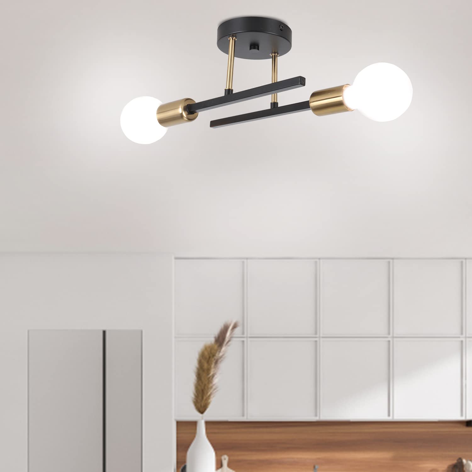 Lustre Plafonnier Industriel E27 Lampe Suspendue 2 Lumières Luminaire Plafonnier Noir Doré éclairage Intérieur pour Salon, Chambre, Couloir (Sans Ampoule)
