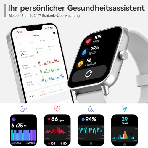 Smartwatch Herren mit Telefonfunktion,1,8' Fitnessuhr Damen mit Herzfrequenz SpO2 Stress...