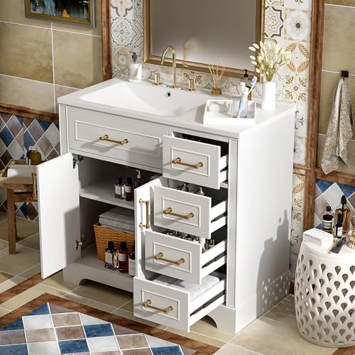 THINK 30 36 Inch White Bathroom Vanity with Left Side Ceramic Sink & Spacious Countertop,Modern...