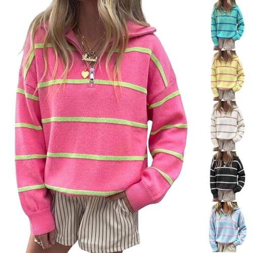 Quarter Zip Sweater Women Cropped Oversized Striped Turtleneck Sweater Top - image 1