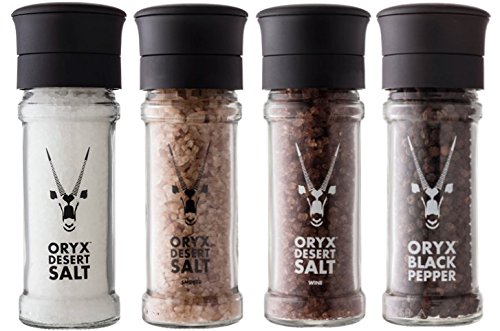 Natural Desert Salt, Smoked, Wine & Black Pepper Refillable Grinders /ORYX DESERT SALT/ Unrefined, Non-Iodized, Mineral Rich Salt