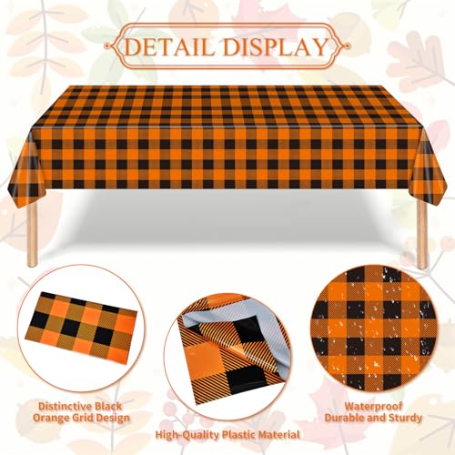 Image of Gistome 3-Piece 54 x 108 Inch Orange and Black Checkered Plastic Tablecloth - Disposable Rectangle Table Cover for Dining, Birthday, Halloween, Thanksgiving, Autumn Fall Themed Decorations