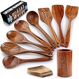 Zulay Kitchen 10-Piece Wooden Spoons for Cooking - Smooth Finish Teak Wooden Utensils for Cooking - Soft Comfort-Grip Wood Spoons for Cooking - Non-Stick Wooden Cooking Utensils - Wooden Spoon Sets
