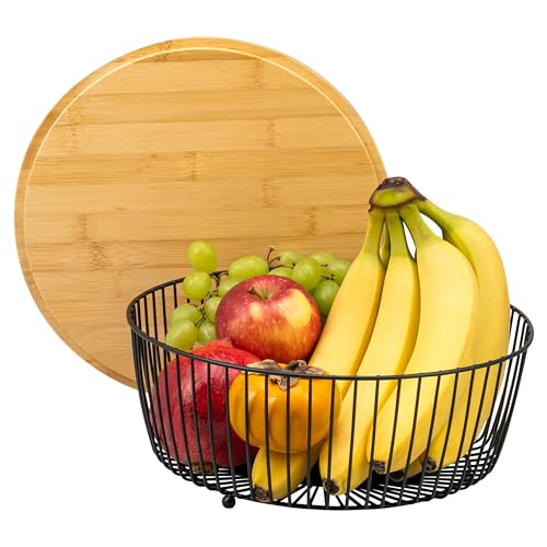 eluno Frutero con tapa de bambú (también se puede utilizar como tabla de cortar), frutero ideal para guardar frutas, verduras, pan y aperitivos, de metal (negro)