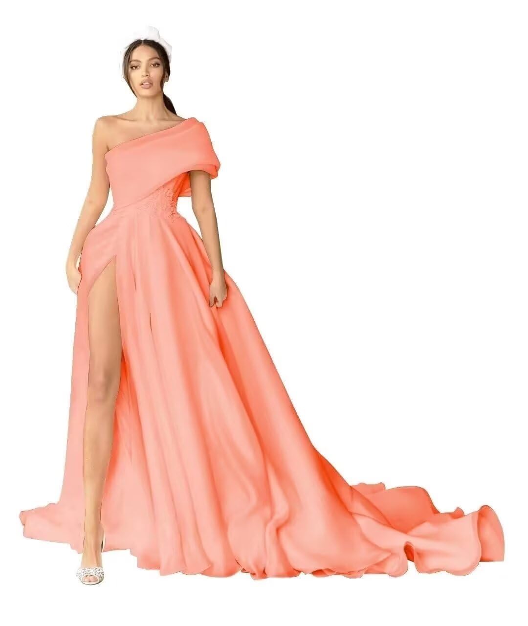 VINCENTYUQOne Shoulder Organza Formal Prom Slit Evening Gowns Long for Women Bridal Wedding Dress with Pocket 2024