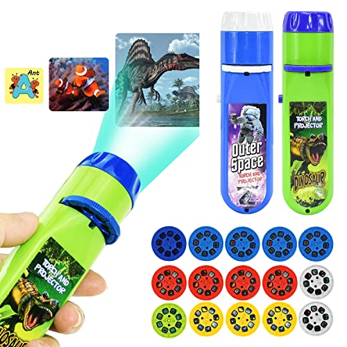 Torch Projector Projection 2PCS, Kids Flashlights Toys Lighting Story Torches Slide Lamp Educational Learning Bedtime Night Light for Children, Toddler, Boy, Girl (120 Images, Dinosaur & Space)