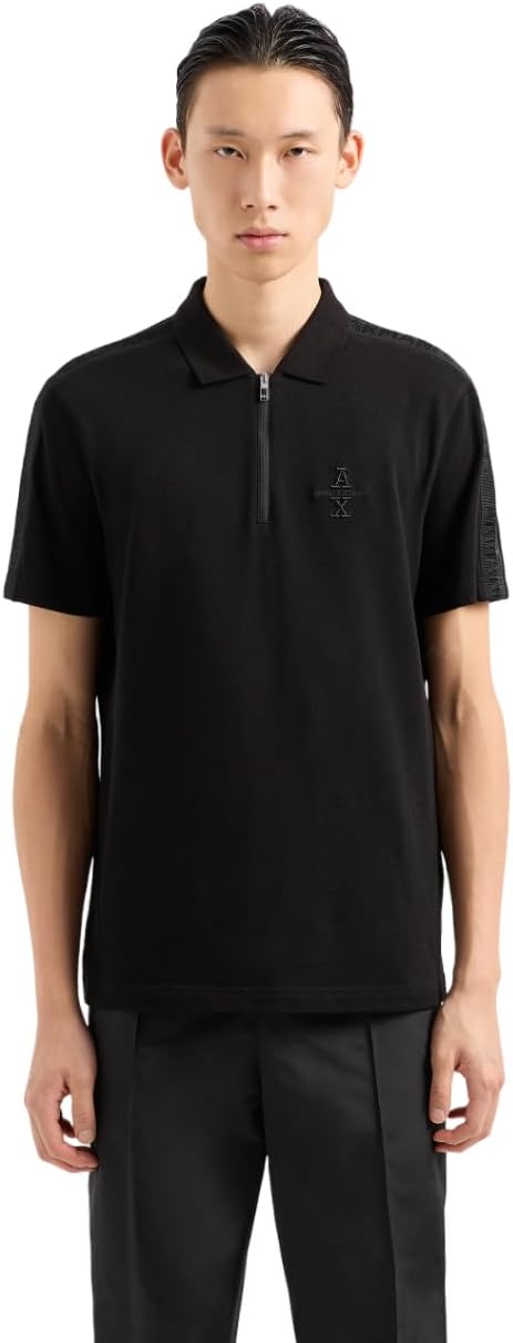 Armani Exchange Men's Stacked Logo Cotton Piquet Zip Up Polo