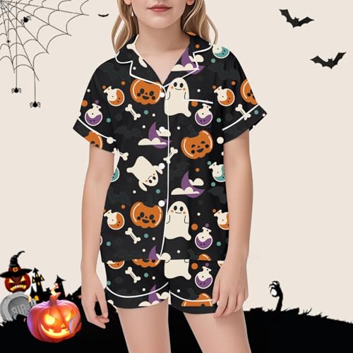 Girls Satin πajama Set Halloween Pumpkin Ghost Print Shirts And Shorts Short Sleeve Button Down Soft 2 Piece Outfits3