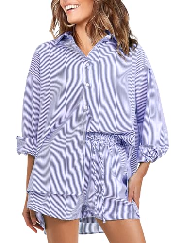 Image of EXLURA Women's Summer 2 Piece Sets Long Sleeve Button Down Shirts Matching Short Sets Beach Vacation Cruise Outfits 2026