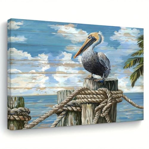 AIHNBF Mural de pelícano decorativo costero, diseño marítimo, pájaro en puente con palmeras y vista al océano, para salón o baño, fondo rústico en estilo vintage, 60 x 90 cm