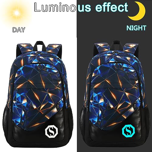 Backpack for Kids Boys Elementary Bookbag 17 Inch Middle School Bag Primary Waterproof Rucksack for Teens Travel Fits Ages 6+ YO(Luminous Geometric-Black Blue)2