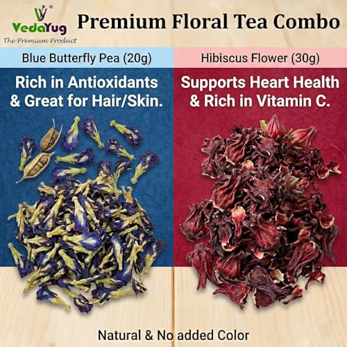 Image of VY VedaYug Herbal Tea Combo Pack | Blue Butterfly Pea Flower 20g & Hibiscus Flower 30g | Caffeine Free Herbal Tea | Total Weight 50g