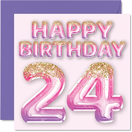 24th Birthday Card for Women - Pink & Purple Glitter Balloons - Happy Birthday Cards for 24 Year Old Woman Daughter Sister Auntie Cousin, 145mm Greeting Cards Gift