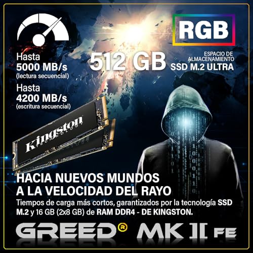 Greed® MK2 FE - PC Gaming – AMD Ryzen 5 5500 + Nvidia RTX 5050 - Ordenador de sobremesa Avec 4,2 GHz - 4K & Raytracing Computer - 16 GB RAM DDR4 - SSD 512 GB - WiFi + Windows 11 Pro