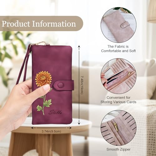 Image of Custom Wallet for Women Personalized Birth Flower & Name Purse Soft Leather Bifold Clutch with Strap Customized Gift for Mom Girlfriend