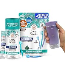 GuruNanda On-The-go Oral Trio Bundle Compact Water Flosser, 70ct Disposable Toothbrushes & 7 Mickey D Oil Pulling Sachets for Fresh, Clean Smiles on The Go