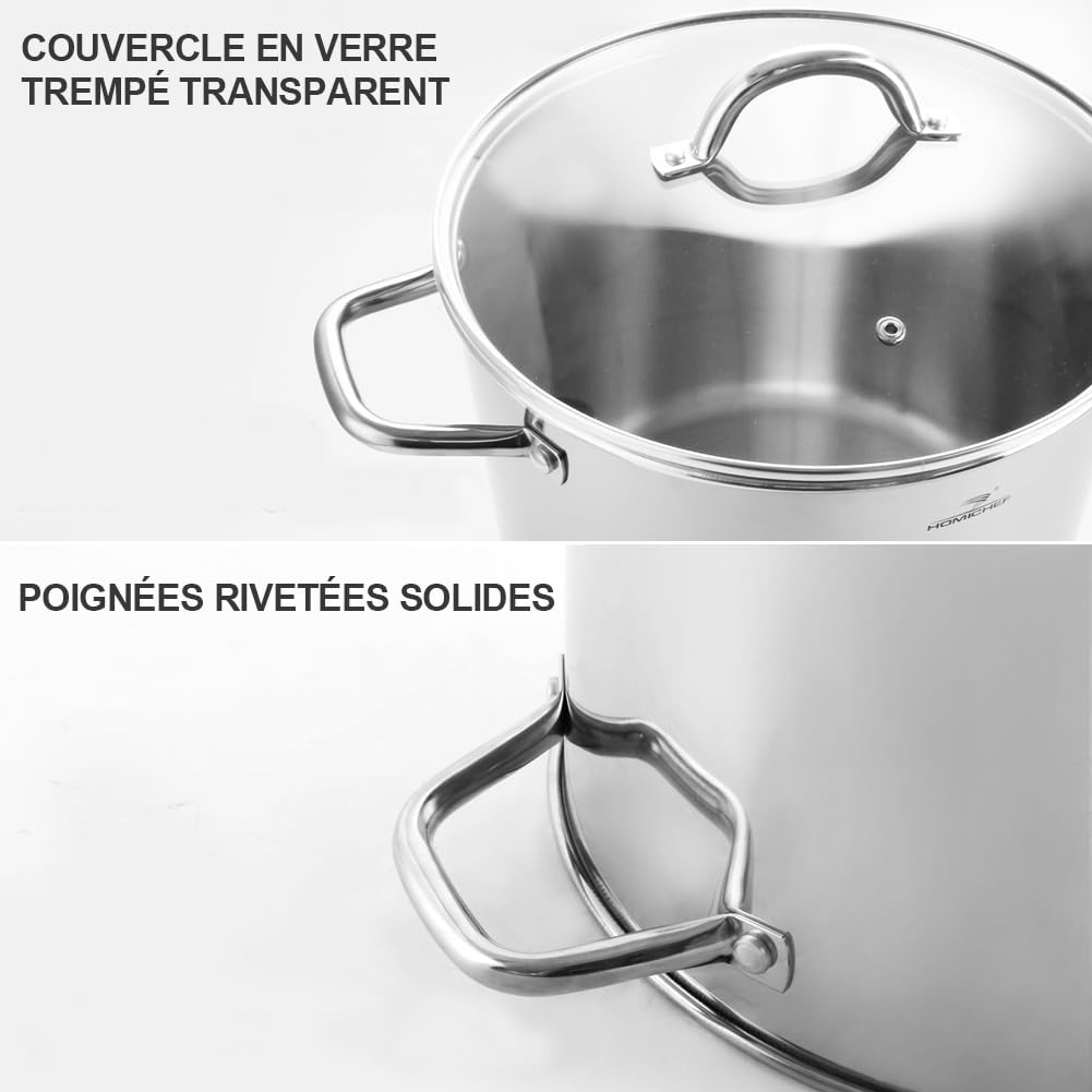 HOMICHEF Marmite 24,5 cm 9,5 litres avec couvercle en verre - Acier inoxydable sans nickel - Poignée - Poli miroir - Saine à induction