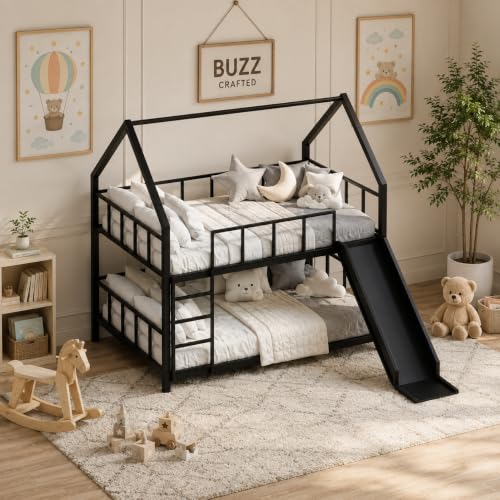 Image of Metal Bunk Bed for Kids & Adults,Twin Over Twin Double Decker BunkBed for Bedroom,House shape Bed,Heavy Duty Space Saving Steel Bed with Ladder & Safety Guard Rails,Childbed, KidsBunk Bed for Bedroom