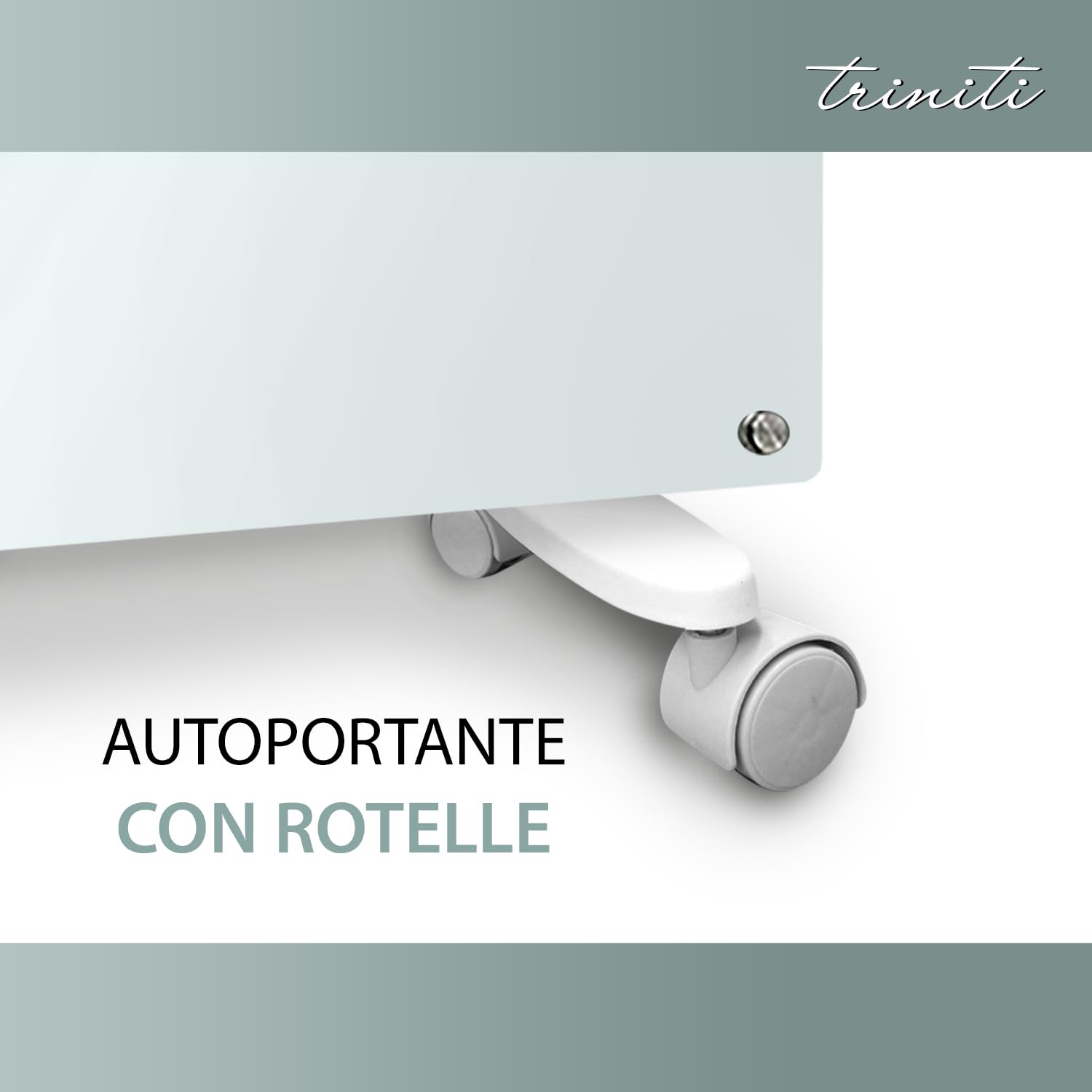 TRINITI Stufa Elettrica Basso Consumo Termostato, Potenza Regolabile, Elegante VETRO TEMPERATO, Display LED, imer, Silenzioso, Sistema Protezione Sicurezza Multiplo, Ruote + Montaggio a Parete, WHITE
