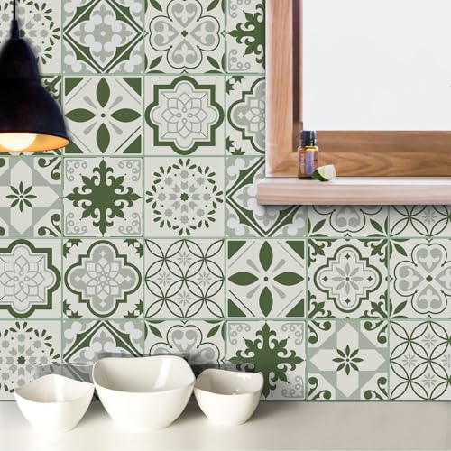 Azulejos Adhesivos Cocina 15x15 cm Mandala Verde Beige Vinilos Baño Azulejos Impermeable Azulejos Adhesivos Baño Vinilo Pared Decoración de Muebles Azulejos Adhesivos (10 Piezas)