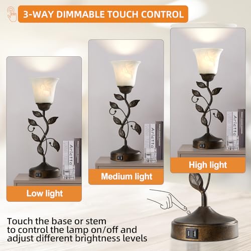 RORIANO Touch Bedside Table Lamp, Vintage Nightstand Lamp with 2 USB Ports for Living Room, 3 Way Dimmable Leaf Lamp Retro Table Lamp for Bedroom with White Glass Shade, LED Bulb Included - Image 4