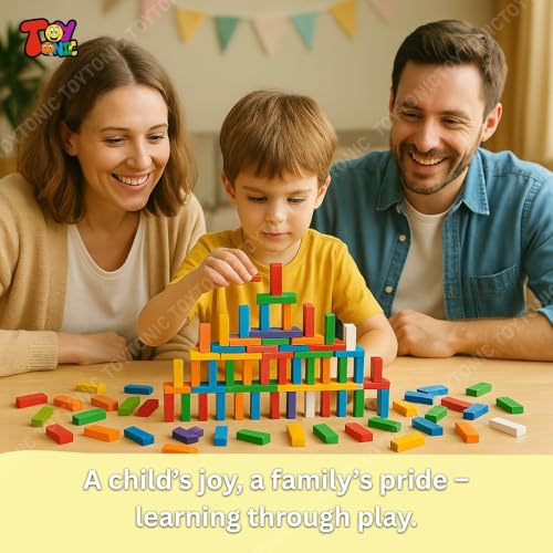 Image of TOYTONIC 120 Pcs Colorful Wooden Building Blocks Educational Board Game for Kids-Educational Domino Set for Boys & Girls - Indoor Fun Games & Party Activities - Toys for Ages 3 to 12 Years(12 Colors)