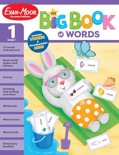 Evan-Moor My Big Book of Words, Grade 1 Workbook, Stickers, Audio Read-Alouds, Word Cards, Vocabulary, Word Recognition, Writing Skills, Bingo, Drawing, Learning, Reading, Puzzles, Minibooks, Activity