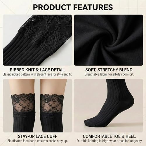Image of Kraptick Women's Thigh High Stockings with Lace Top Soft Ribbed Stretchable Nylon Stocking, Fashion Hold-Up Stockings for Regular Use & Comfort Fit -2