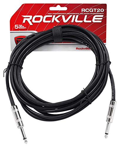 Rockville RCGT20B Instrument Cable, 20 Ft, Black, 1/4'' TS to 1/4'' TS, 100% Copper, Shielded, Perfect for Guitar, Live Performances, and Studio Use