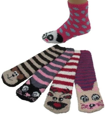 Super Soft Fuzzy Stripe Socks, With Animal Design, 12 Pair, Size 9-11
