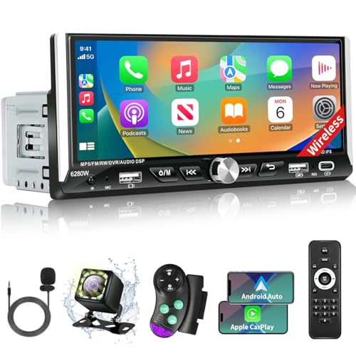 Single Din Car Stereo with Wireless Apple Carplay Android Auto, 6.9' IPS Touchscreen Car Stereo with...