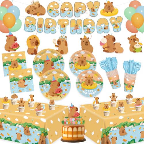 180pcs Summer Capybara Party Supplies Plates Tableware Set Include Plates Napkins Cups Cutlery Balloon Banner Cake Topper Hanging Swirl Tablecloth Capybara Birthday Decorations Serve 20