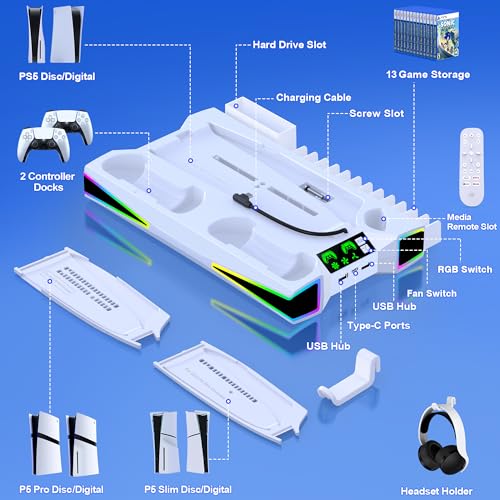 Kawaye PS5 Stand PS5 Cooling Station for PlayStation 5/Pro/Slim Console, PS5 Accessories Vertical Stand with 2.36in Cooling Fan, RGB Light, Dual Controller Charger, Headset Holder, 3 Charger Port by Kawaye - Image 6