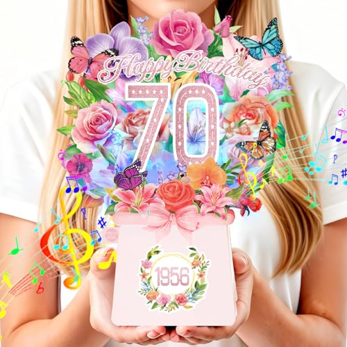 70th Birthday Cards Light and Music 70 Years Old Happy Birthday Card Rose Lily Orchid and Butterflies 10 Inch Forever Flower Bouquet 3D Pop Up 1956 Birthday Gift Card for Women Wife Mom Grandma